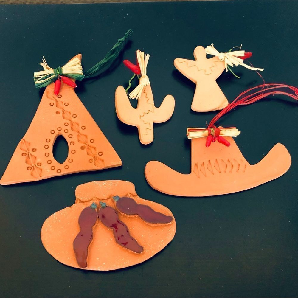 Southwest Desert Clay Handmade Folk Art Christmas Ornaments Lot